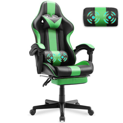 Soontrans Gaming Chair with Footrest High Back Ergonomic Computer Gamer Chair with Massage and Headrest Lumbar Support Swivel Office Game Chair for Adults, Green