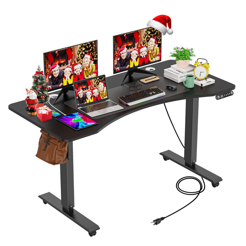 Kriaris Height Adjustable Gaming Standing Desk with Built in Outlets, Black