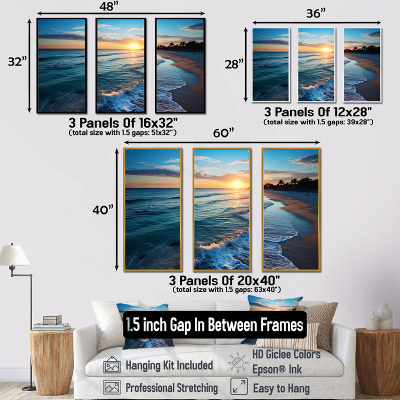 Tranquil Shores Sunset Beach Horizon I - art mural plage, Cadre flottant noir, H 28 po x l 36 po x P 1 po
