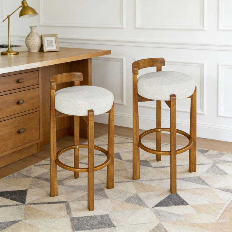 Tabouret de bar d'intérieur en bois à dossier bas, Ivoire, noyer