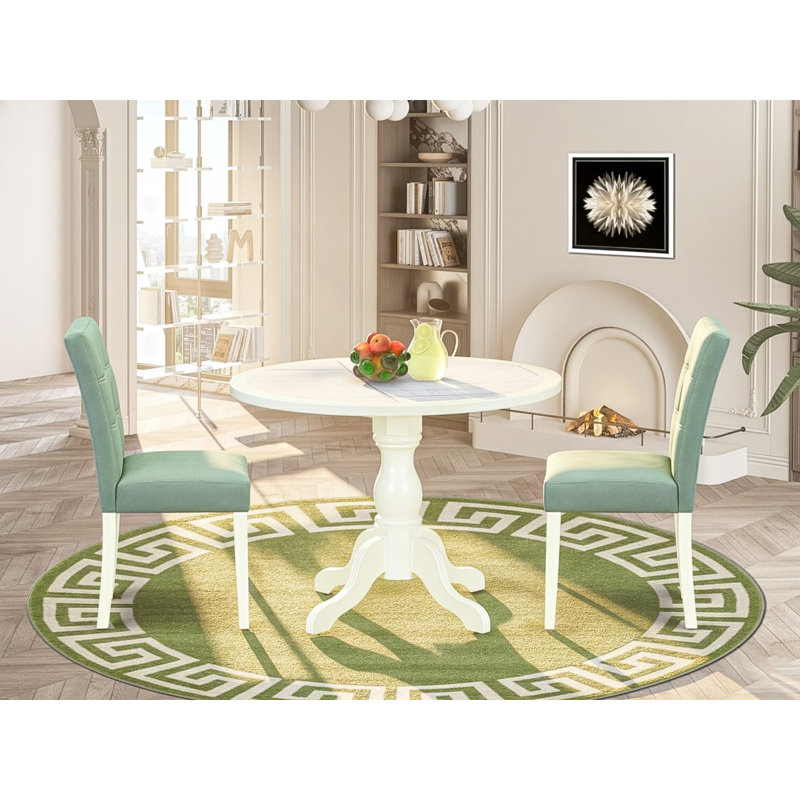 L'ensemble de table de salle à manger 3 pièces contient une table ronde et 2 chaises de salle à manger modernes en polyester vert avec dossier élégant - Blanc lin