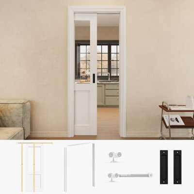 Porte de garde-robe coulissante en verre transparent 30 po x 80 po avec quincaillerie noire et cadre de porte blanche