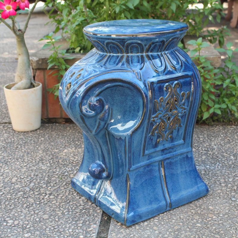 Burleson Ceramic Accent Stool, Navy Blue Glaze