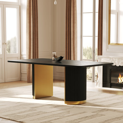 78 Inch Black Solid Oak Wood Dining Table With Double Fluted Design And Brushed Gold Base