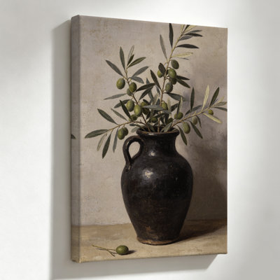 Nature morte sur toile représentant une branche d'olivier dans un vase sombre, 61 x 91 cm (24 x 36 pouces), impression sur châssis, décoration murale botanique verte et anthracite pour la cuisine, la salle à manger et la salle de bain.