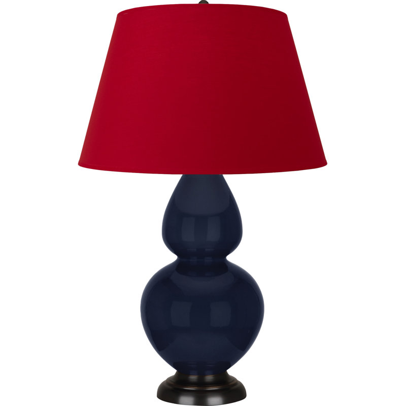 Lampe de table double gourde en céramique, Bleu minuit émaillé / bronze, Tangerine / doublure taupe, Bronze
