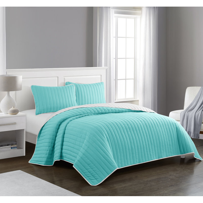 Rita Modern & Contemporary Striped Coverlet, King Quilt + 2 Standard Shams, Aqua