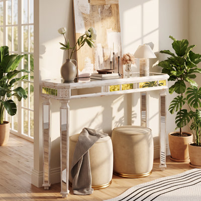 Table console vintage en bois sculpté et verre miroir, dimensions : RH48 po L x 13,78 po P x 32,7 po H