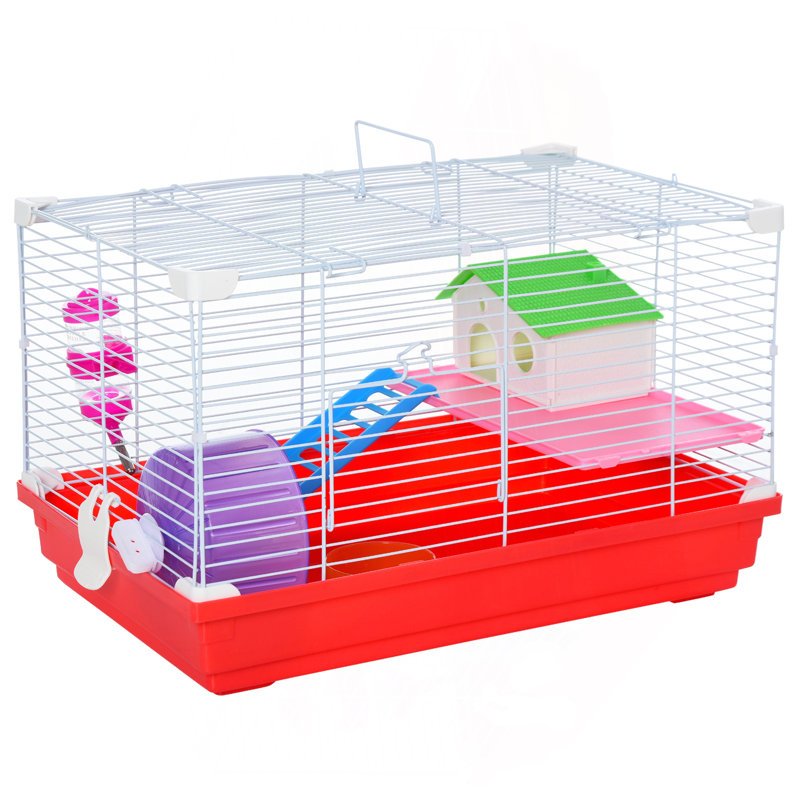 Cage à hamster 18,5 "avec roue d'exercice et bouteille d'eau, plat, maison de rat et habitat 2 étages, rouge