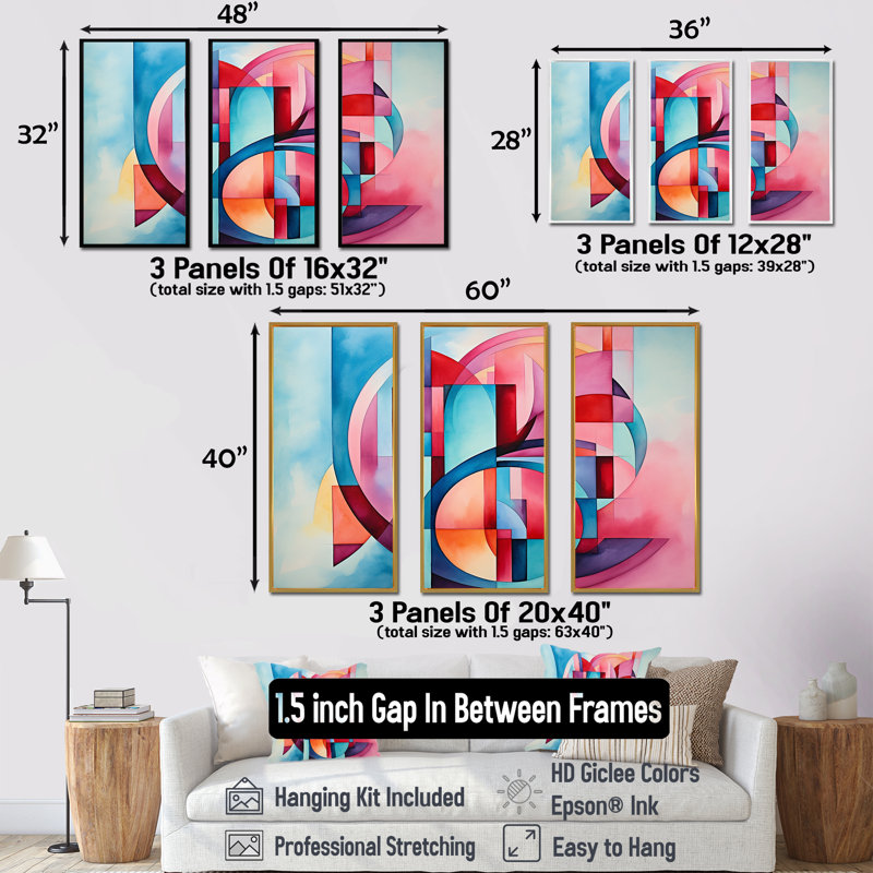 Rose et bleu géométrique en spirale - art mural géométrique, H 28 po x l 36 po x P 1 po, Cadre flottant noir