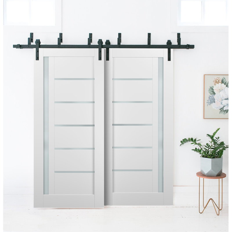 Portes blanches en verre givré Quadro avec trousse de quincaillerie d'installation, 64 po x 84 po
