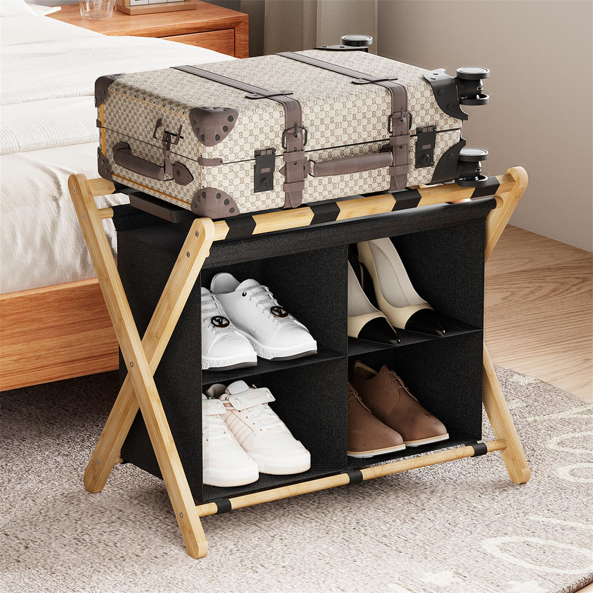 MKEISRY Luggage Rack,Folding Suitcase Stand With Fabric Storage Shelf ...