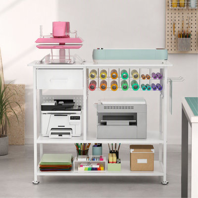 Grande table de pressage à chaud avec station de charge, chariot de bureau à support de presse à chaleur mobile avec rangement en vinyle et tiroir, établi en métal pour la sublimation (W3190P41674)