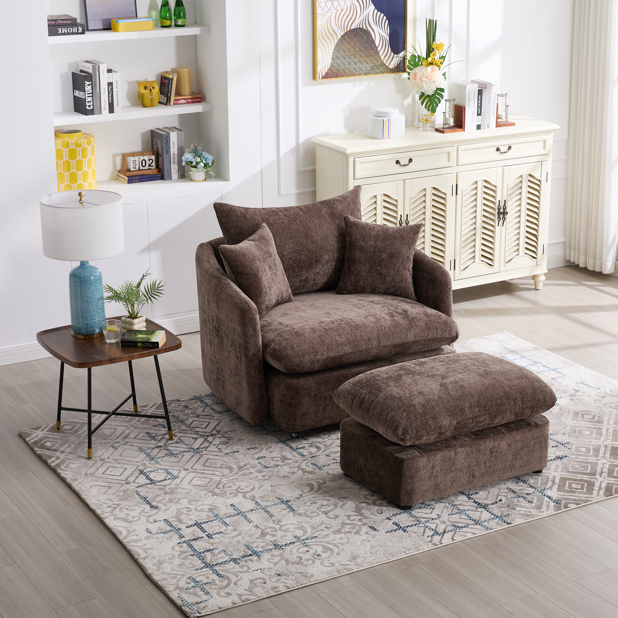 Ebern Designs 46.1 "chenille 360-degree Swivel Chair With Footrest And ...