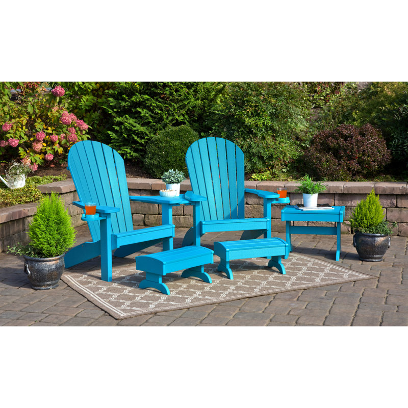 Aatikah Plastic Adirondack Chair with Ottoman and Table, Aruba Blue