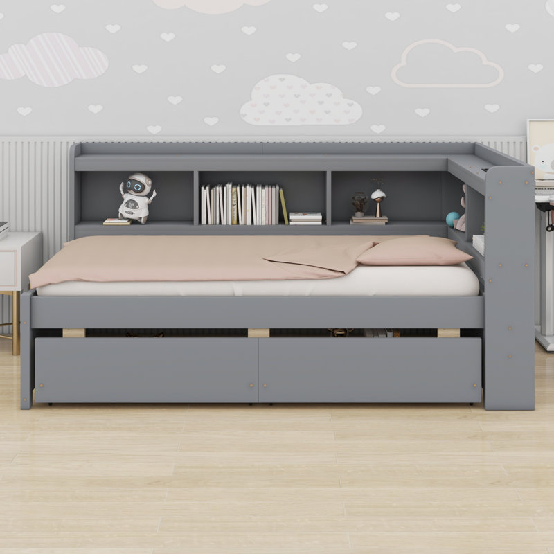 Lit en forme de L avec bibliothèques avec prises de courant, ports de chargement USB, tiroirs, Gris, Lit simple