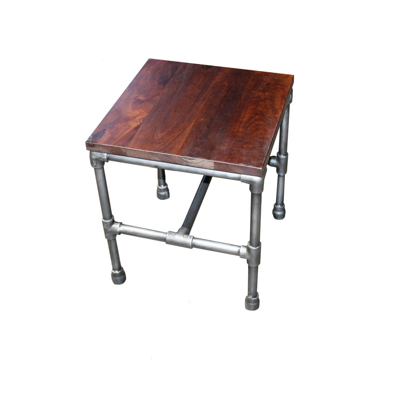 Table de bout carrée 16 po en bois massif et fer vieilli brun et argent