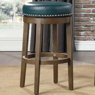 Round Swivel Bar Stools Set Of 2, Faux Leather 360-Degree Swivel Seat Nailhead Trim Solid Wood Frame Brown Finish Furniture