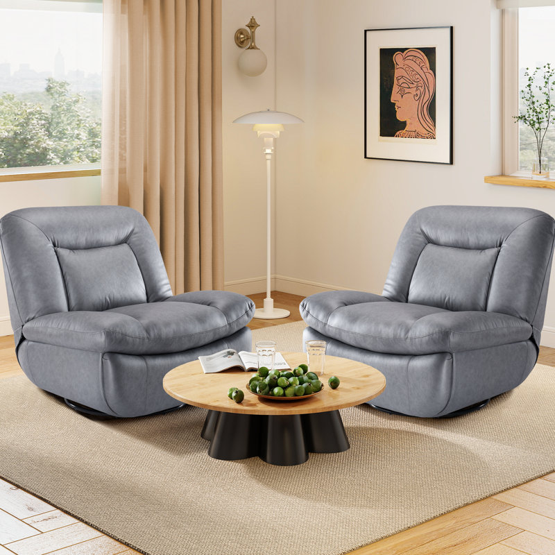 Faux Leather Armless Swivel And Rocking Accent Chair, Gray