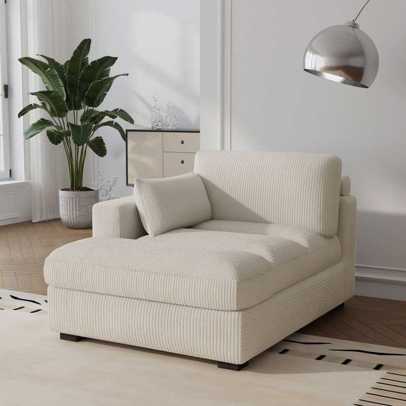 Bentura Oversized Upholstered Beige Corduroy Chaise Lounge with Armrests & Throw Pillows, Beige Corduroy, Left Hand Facing