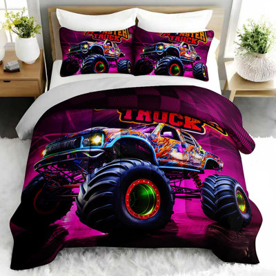 Monster Truck Comforter Set, Boys Bedding Set with 2 Pillow Cases, Soft and Machine Washable Bedding, All Seasons Comforter for Room Decor