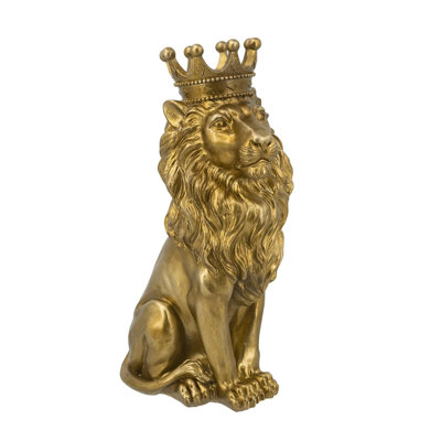 13 Inch Regal Crowned Gold Lion Statue, Stone Powder and Resin Decorative Animal Sculpture for Home Accent