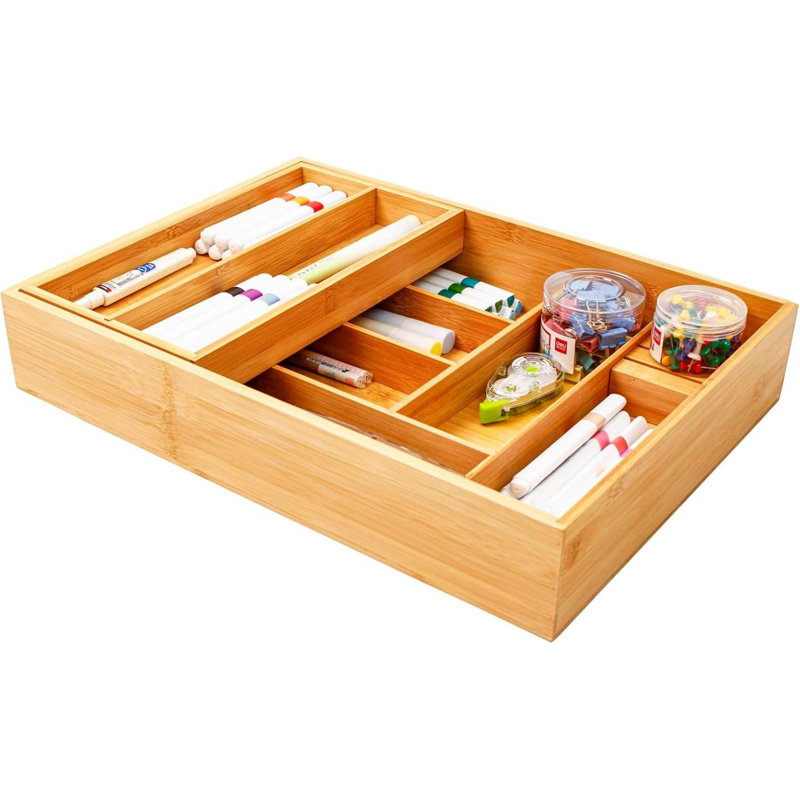 Organisateur de tiroir de cuisine en bambou à double couche pour ustensiles de cuisine, grand plateau à ustensiles pour tiroir et porte-ustensiles amovible