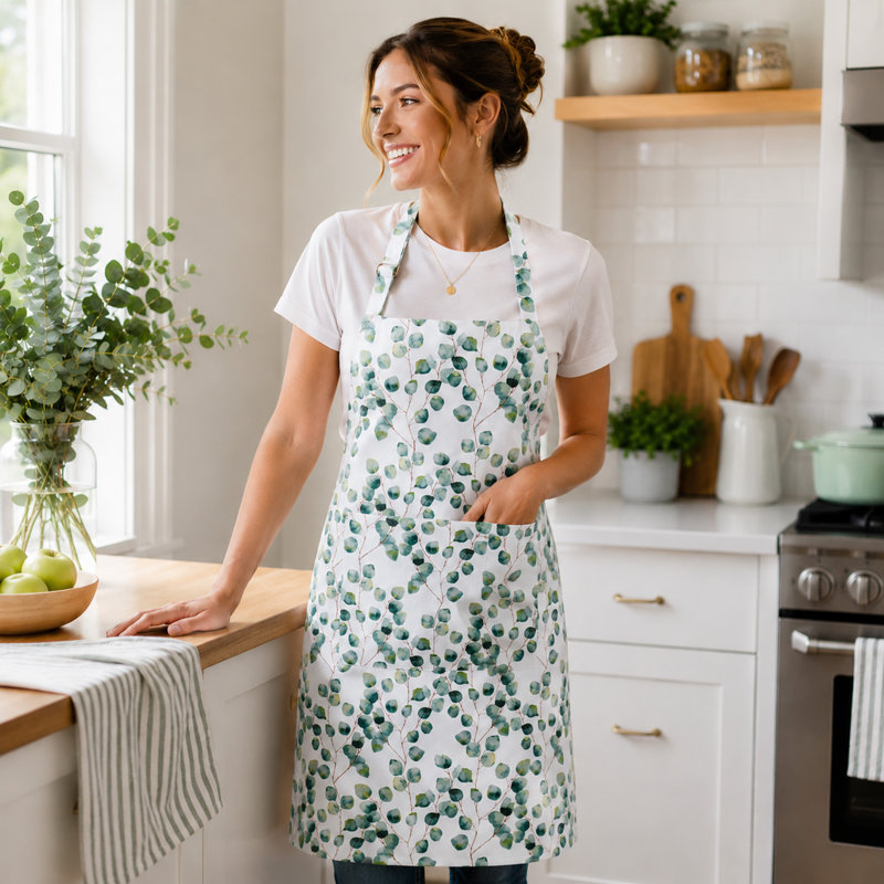 Eucalyptus Leaf Kitchen Apron – Adjustable Neck Strap, Lightweight Cooking Apron with Front Pocket for Baking, Cooking and Everyday Use