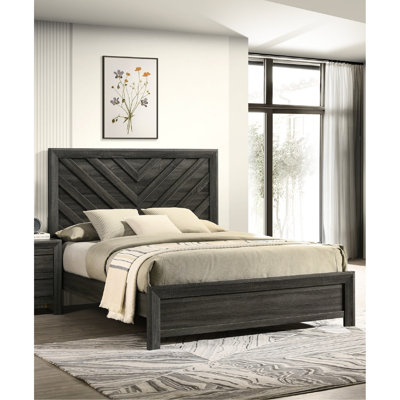 Lit très grand de style contemporain avec finition gris rustique et tête de lit à motif géométrique, option de chambre à coucher, ajout confortable