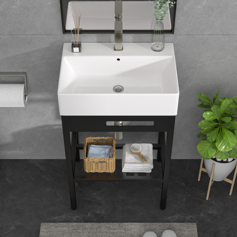 24"L x 16"W Freestanding Utility Sink Ceramic Rectangular Console Bathroom Sink Wall-mount Bathroom Basin with One Faucet Hole,Washboard,Stainless Steel Bracket