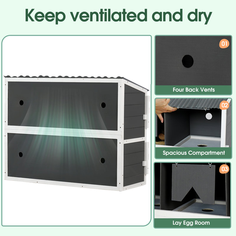 Boîte de nidification en bois pour poulet avec 8 zones - trous de ventilation, grands compartiments pour la collecte et l'entretien des œufs, toit, perchoirs pliables, sans effort pour la volaille