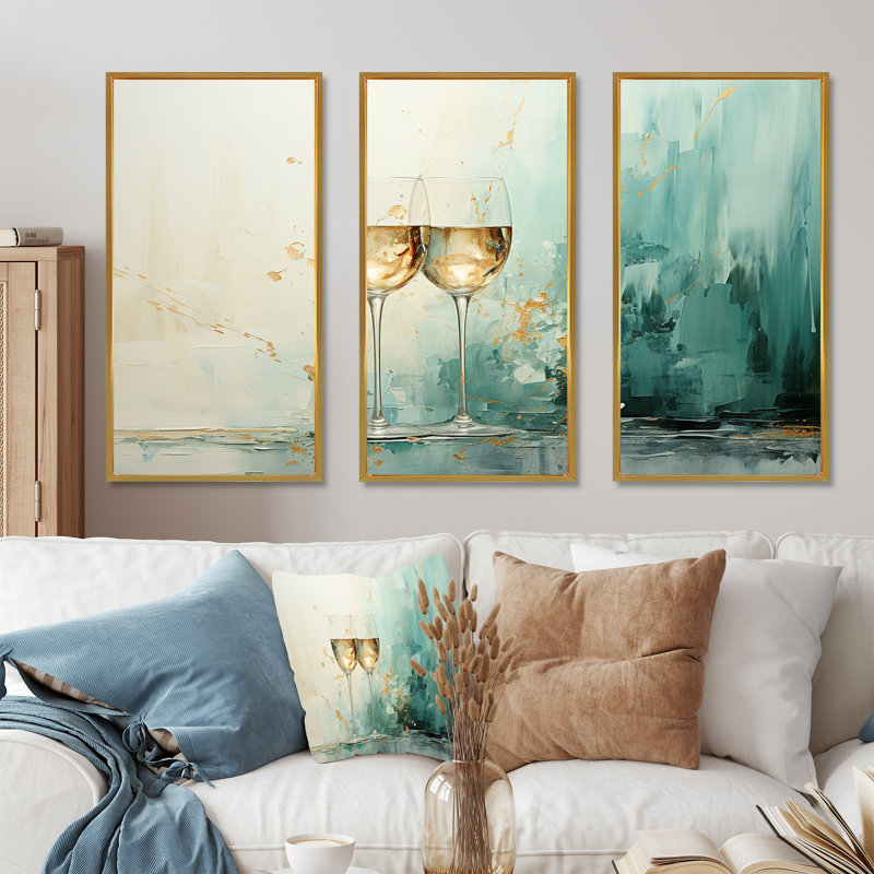 Verre émeraude champagne doré - Art mural champagne, Cadre flottant doré, H 40 po x l 61 po