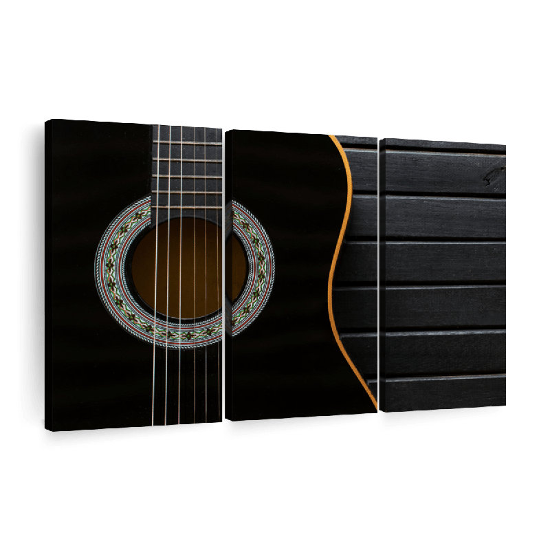 "Guitare acoustique foncée", 3 pièces sur toile, H 48 po x l 74 po x P 1,25 po