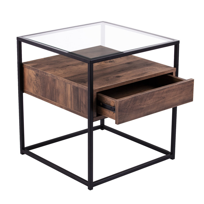  Table de bout en fer et en verre noir contemporain 22 "avec tiroir et tablette