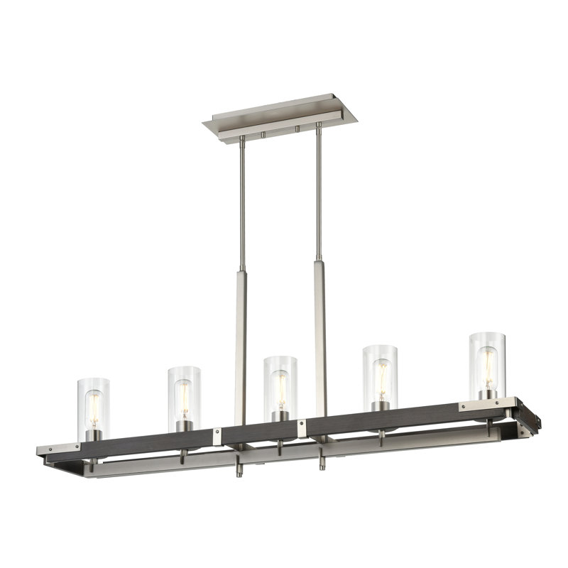 Luminaire suspendu linéaire pour îlot de cuisine 5 lumières Apalachin, Nickel poli / bois de grange