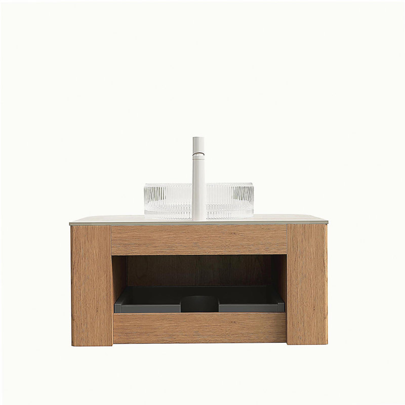 Meuble-lavabo et lavabo pour salle de bain 30 po avec tiroir, cuve en verre frangé et dessus en pierre frittée à motif de travertin, pré-assemblé, couleur de grain de bois naturel