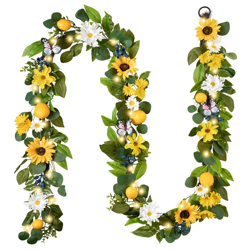 Valery Madelyn Spring Lemon Garland for Mantle with Lights, 9FT Fake Fruit Daisy Flower Garland for Stairs, Artificial Thick Faux Greenery Vine for Farmhouse Home Kitchen Table Centerpiece