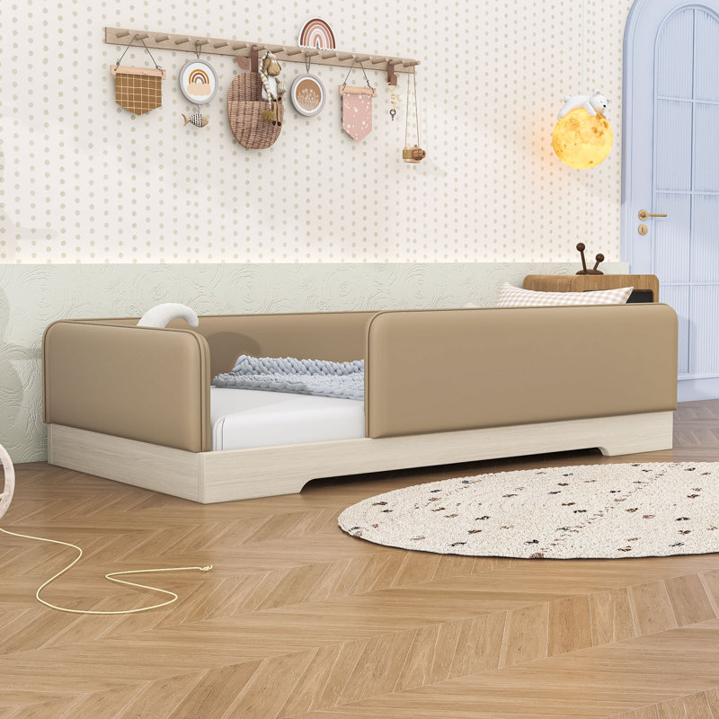 Lit rembourré Montessori avec garde-corps amovibles et lattes robustes, Lit simple, Brun