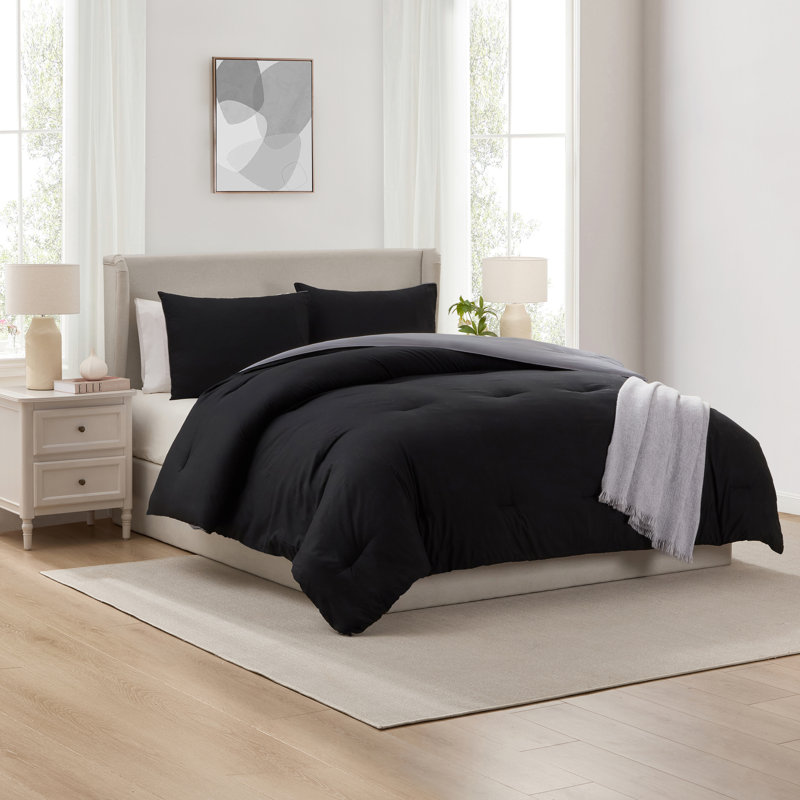 Ensemble d'édredon réversible 3 pièces Ultra Soft, Noir / gris anthracite, Édredon double + 2 taies décoratives standards