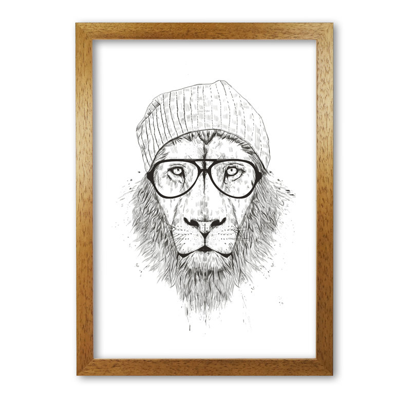 Cool Hipster Lion by Mercedes Lopes Charro - Print, 84 cm H x 59.4 cm W x 5 cm D, Honey Oak