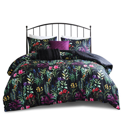 Full/Queen Comforter 5 Piece, Black, Botanical Print Enhancement, Filling, 2 Shams, Decorative Pillows, , Washable By Machine Piece For Full/Queen, Bl