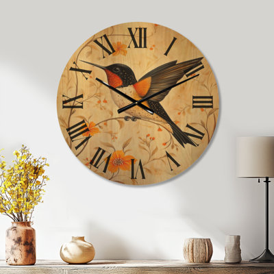 Folk Garden Hummingbird - Cream Boho Oversized Wood Wall Clock