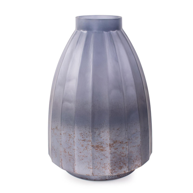 Cool Ice Blue Ribbed Cylindrical Vessel, 14" H x 9.5" W x 9.5" D