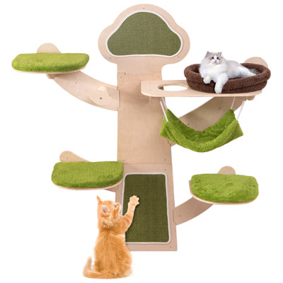 Gymax Wall-Mounted Cat Tower w/ Bed Hammock Sisal Scratching Post & Mats Cushions
