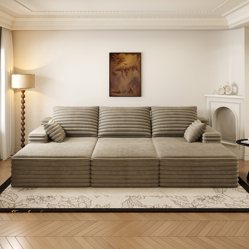 Boneless Oversized Upholstered Chaise Lounge, 3 Piece No Assembly Required Sleeper Couch,3 Seater Sofa Bed, Brown