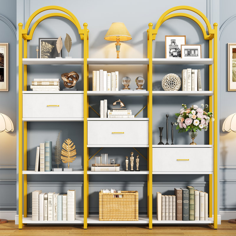 Bibliothèque de 83,5 po de hauteur avec 3 tiroirs et 13 tablettes de rangement, bibliothèque industrielle ouverte avec tablettes, grande étagère, bibliothèque triple pour la maison et le bureau
