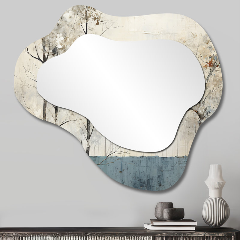 Beige minimalisme Calm River Forest I - miroir asymétrique beige, miroir mural traditionnel unique à forme libre, impression d'art en métal