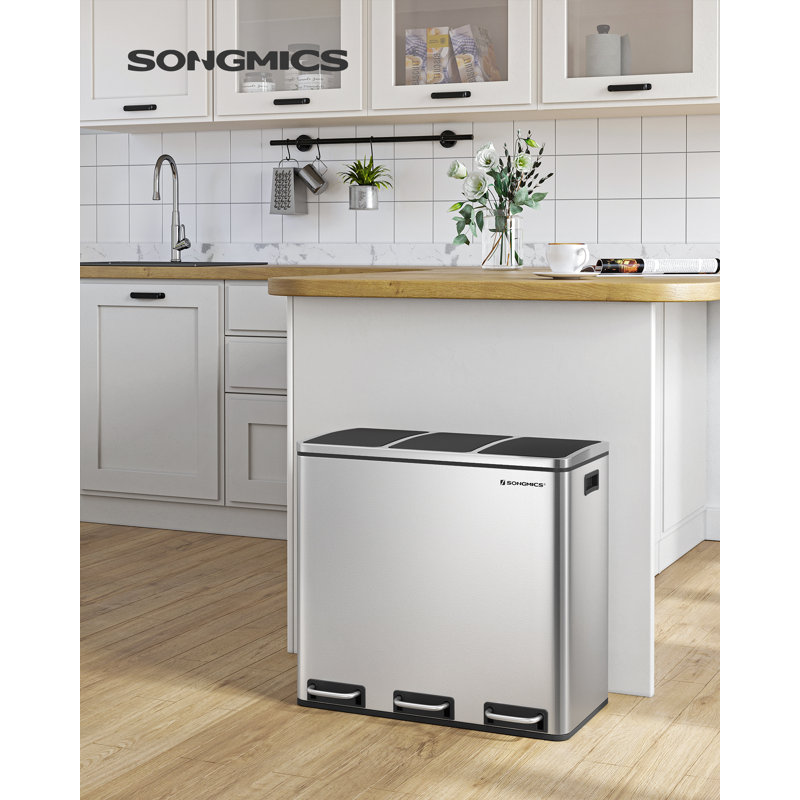 Steel Step On Multi-Compartment Rubbish & Recycling Bin - 54L, Silver