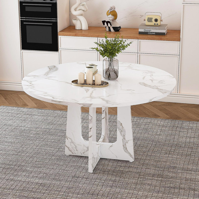 Table de salle à manger de 47,24 po pour 4 personnes - Table de ferme en panneau de fibres à densité moyenne avec une finition en marbre blanc, capacité de 300 lb, facile à assembler pour la cuisine / salle à manger - Table moderne épicée