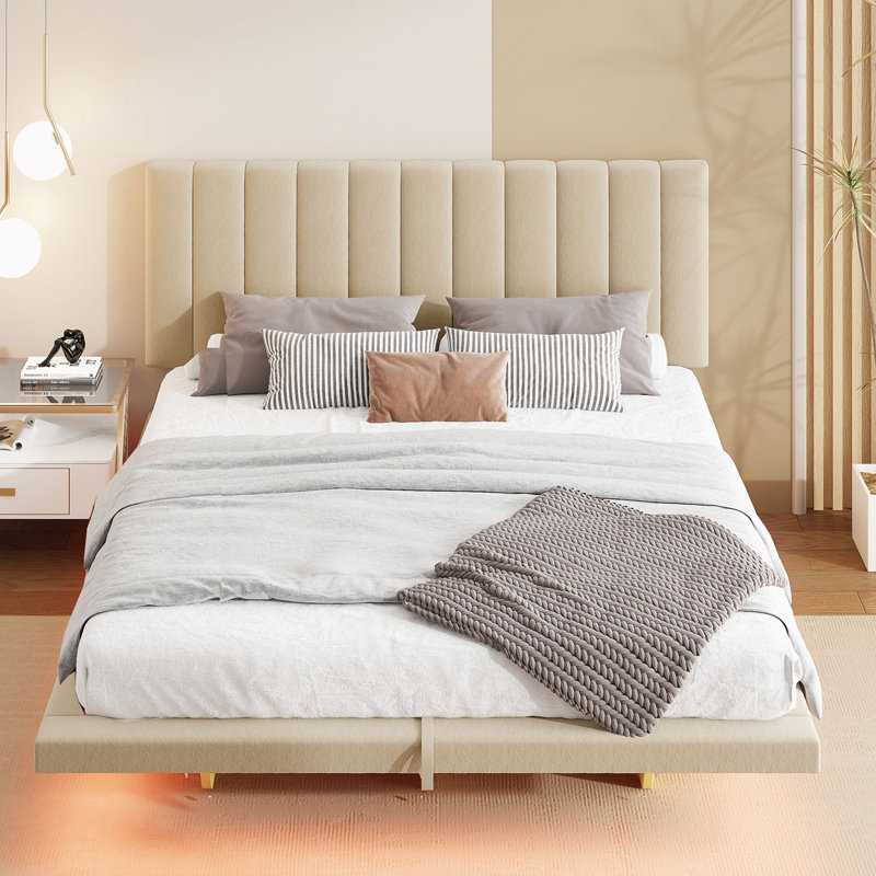 Modern Velvet Queen Upholstered Floating Bed with LED Lights and USB Port, Beige